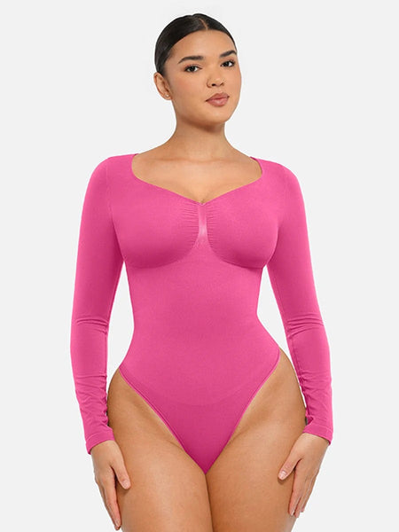 Women’s Long Sleeve Shapewear Bodysuit With Tummy Control, Thong, V-Neck, Seamless