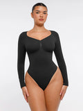 Women’s Long Sleeve Shapewear Bodysuit With Tummy Control, Thong, V-Neck, Seamless