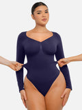 Women’s Long Sleeve Shapewear Bodysuit With Tummy Control, Thong, V-Neck, Seamless