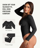 Women’s Long Sleeve Shapewear Bodysuit With Tummy Control, Thong, V-Neck, Seamless