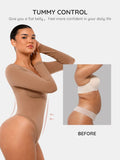 Women’s Long Sleeve Shapewear Bodysuit With Tummy Control, Thong, V-Neck, Seamless